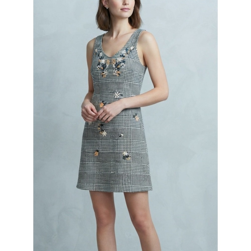 Topshop Glen Plaid Embroidered Floral‎ Sleeveless Mini Shift Dress Size 4
